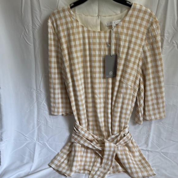 Preston & York Tops - Tan and White Gingham Blouse with Belt